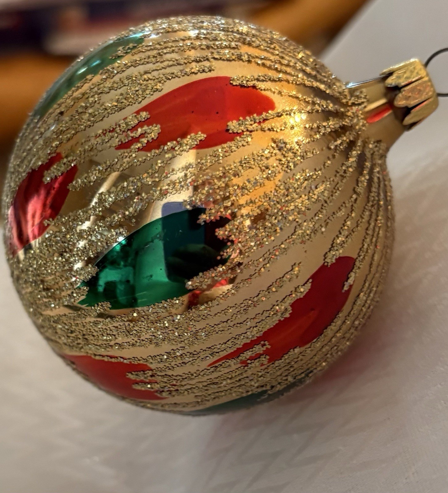 Vintage Gold, Red, Green And Glitter Glass Christmas Tree Ornament Holiday Decor