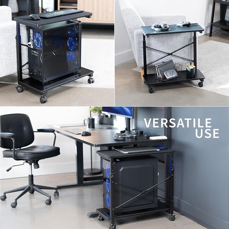 Height Adjustable Mobile PC Holder 2-Tier CPU Cart W/ Lockable Casters Storage