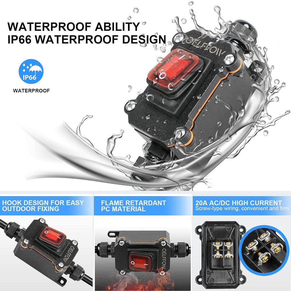 Waterproof on off Toggle Switch Double Outlet with Red Light Rocker Button Inlin