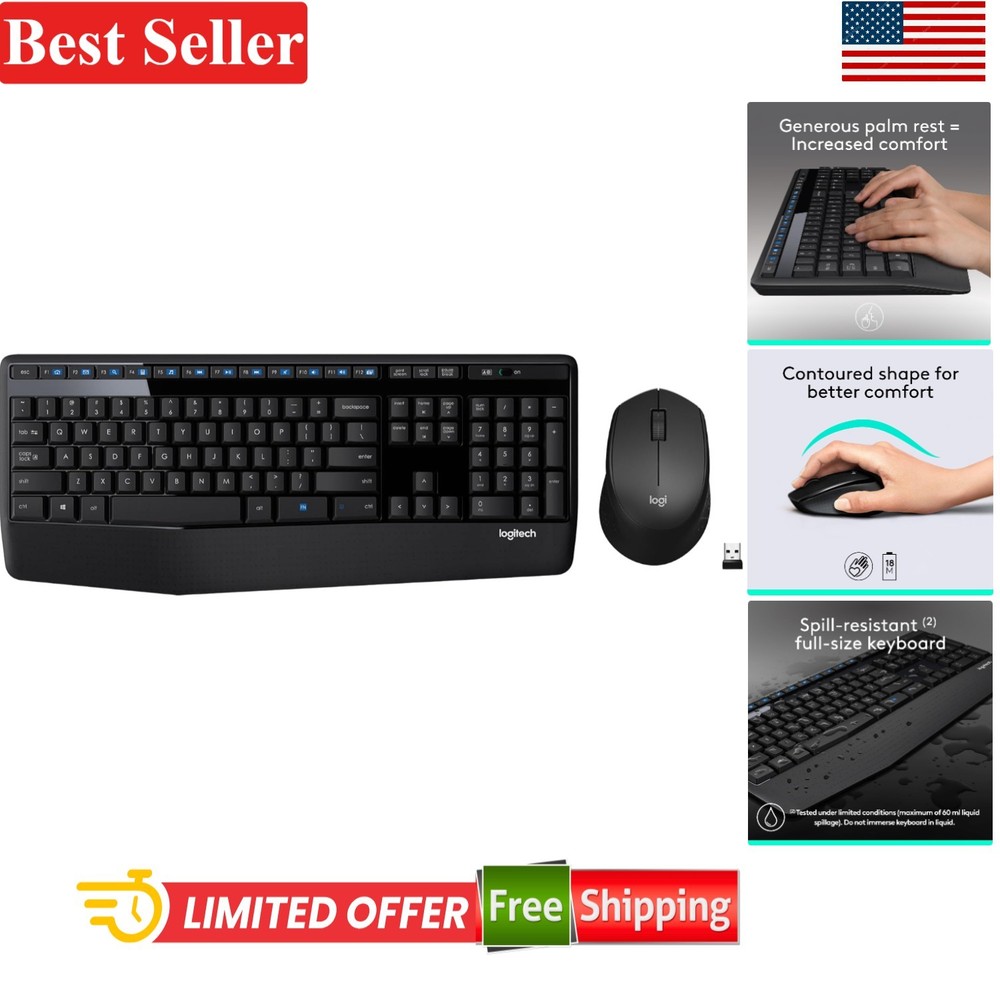 Quiet Operation Wireless Keyboard & Mouse Set - Logitech MK345 for Home & Office