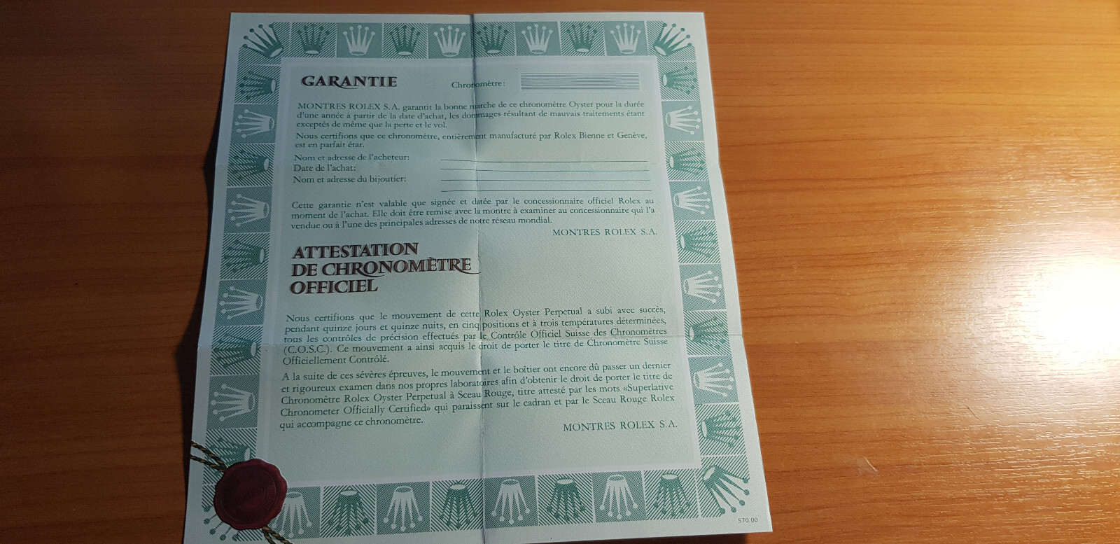 Rolex Oyster Perpetual Chronometre-Certific french blanc ref: 570.00