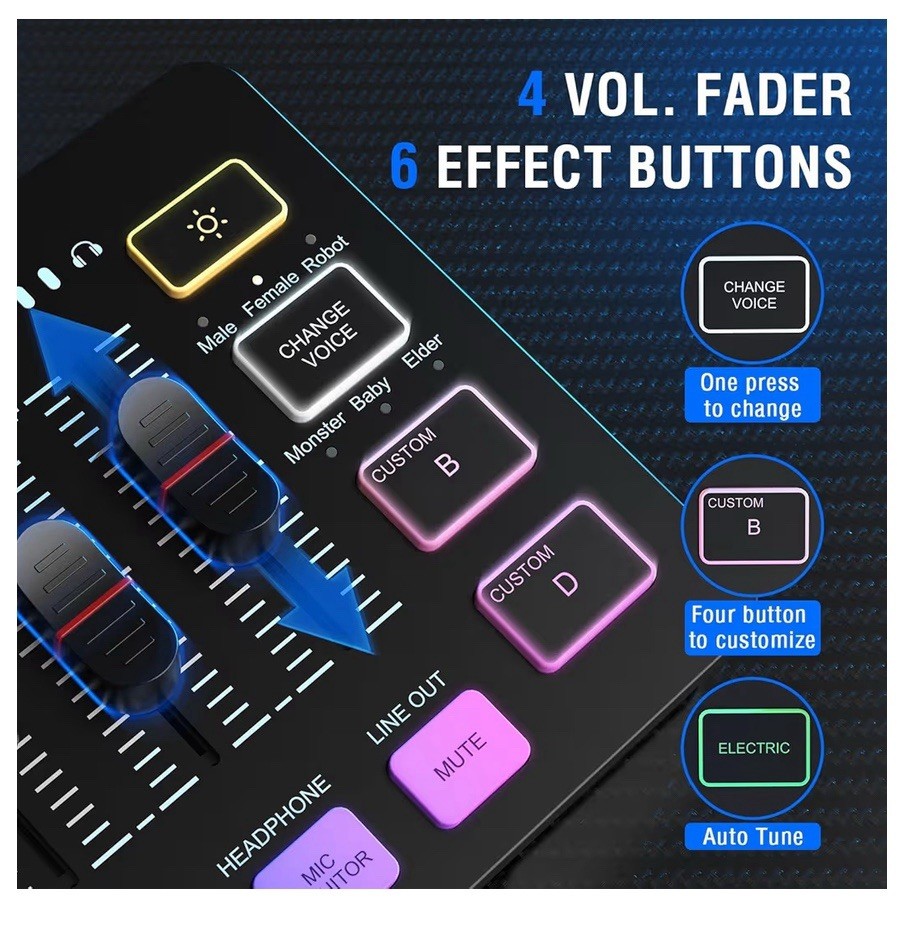 Gaming Audio Computer Streaming Microphone, 4-Channel RGB Mixer Set