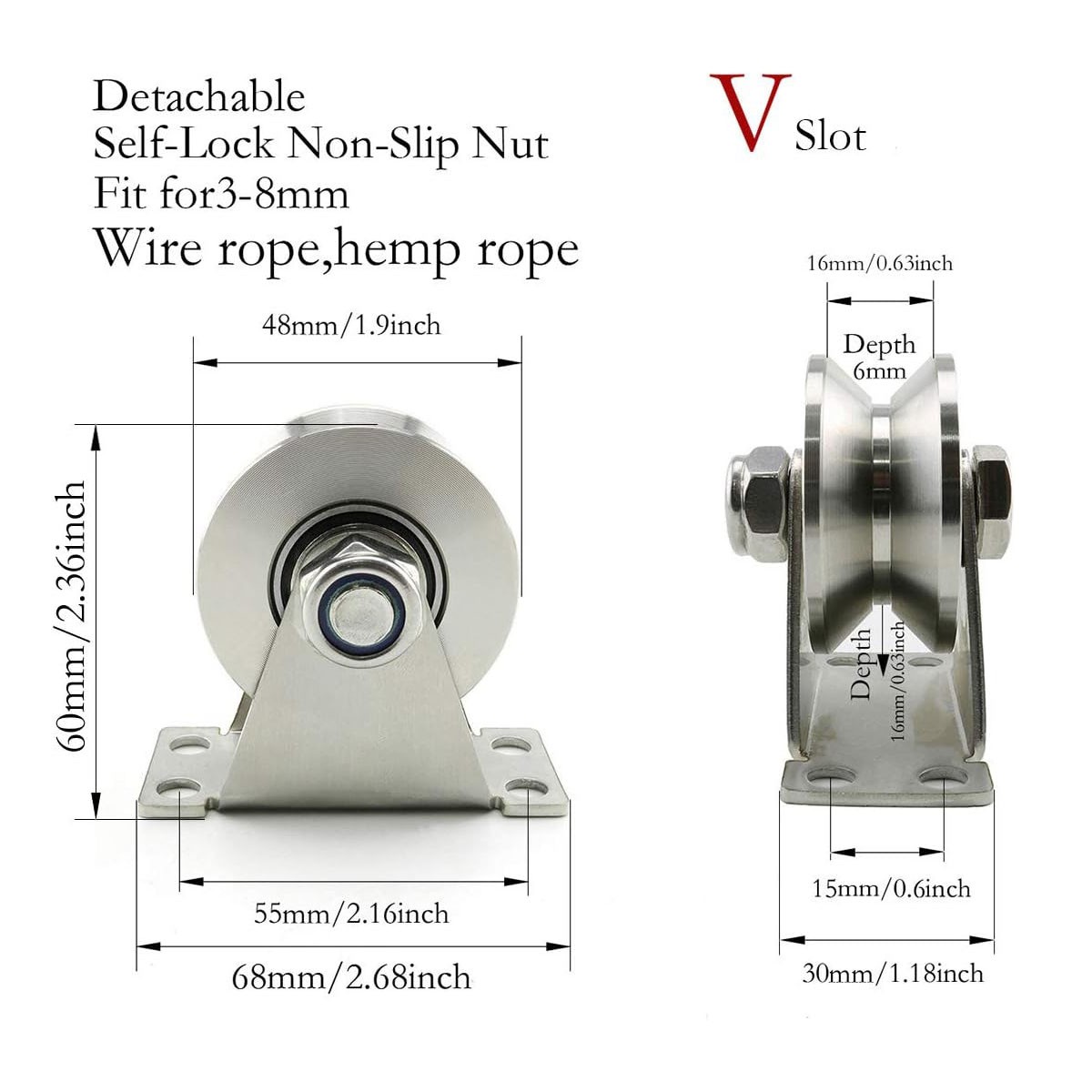 2.36'' 304 Stainless Steel V Groove Pulley Rope Cable Wire Pulley w/ Holes