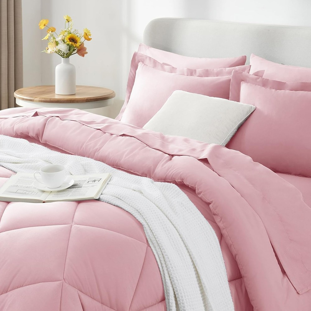 7-Piece King Size Bed Set in Pink - Machine Washable Luxury Comforter Collection