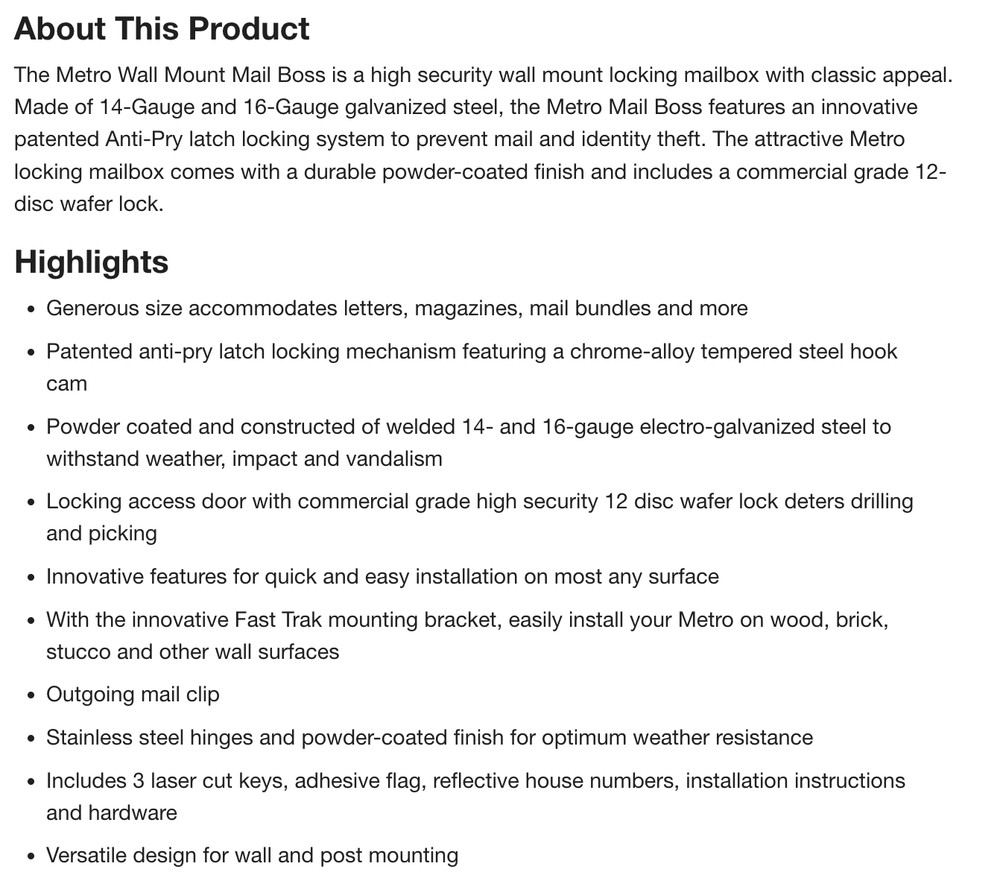 Locking Mailbox Wall Mount Medium Mail Boss Metro Bronze High Security 7164