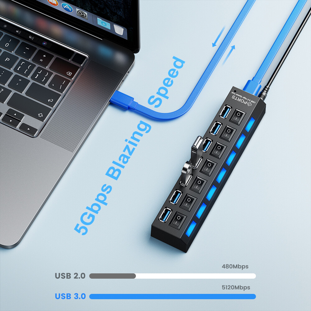 USB 3.0 Hub 7 Port On/Off Switch High Speed Splitter AC Adapter Cable PC Laptop