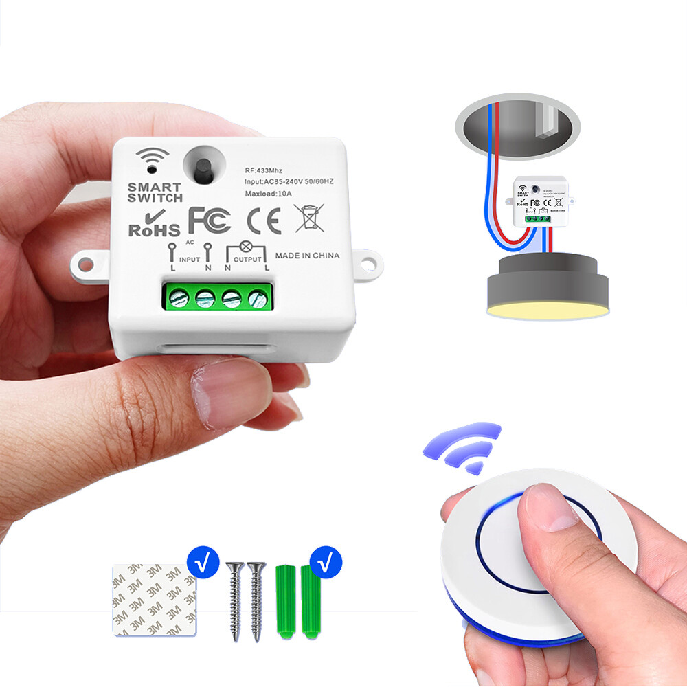 Wireless Smart Light Switch Relay Receiver 110V 220V Round Button Transmitter