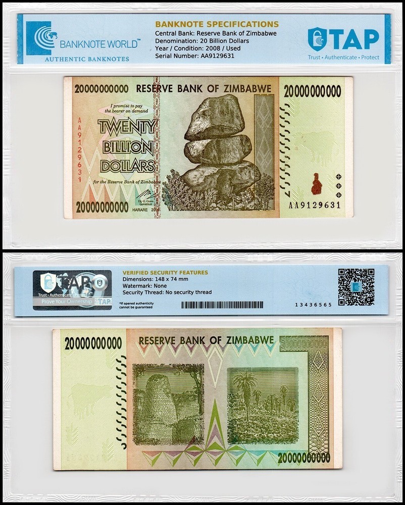 Zimbabwe 20 Billion Dollars, 2008, P-86, Used, Authenticated Banknote