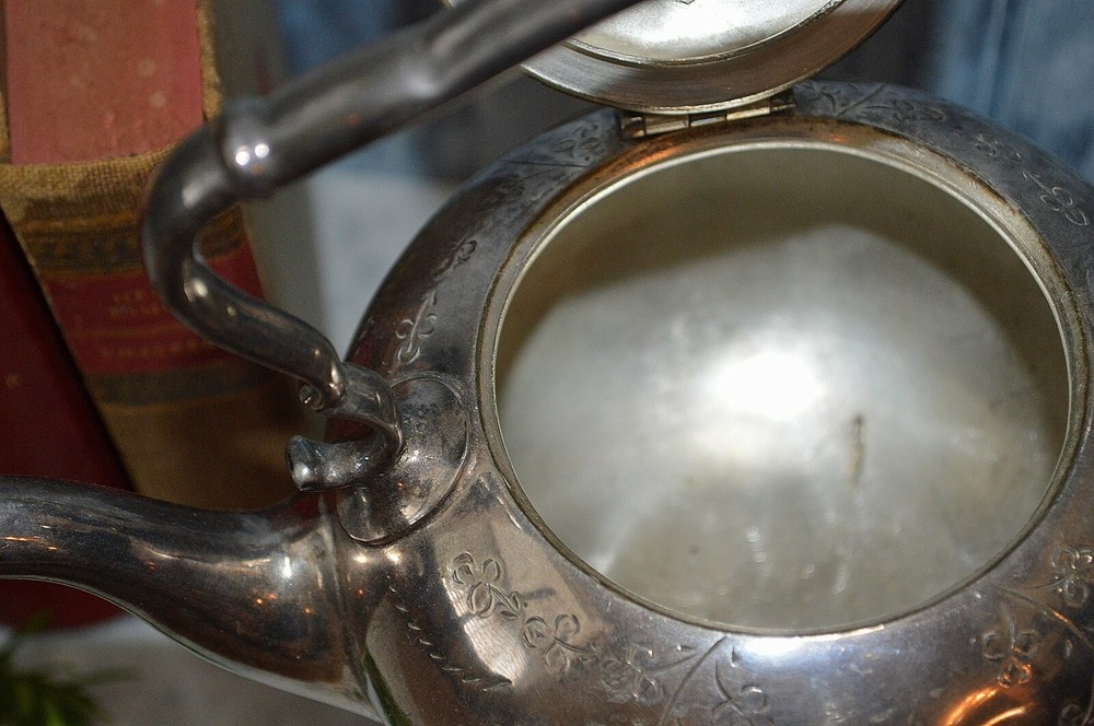 Antique English Silver Plate Spirit Tea Kettle on Stand Tilting