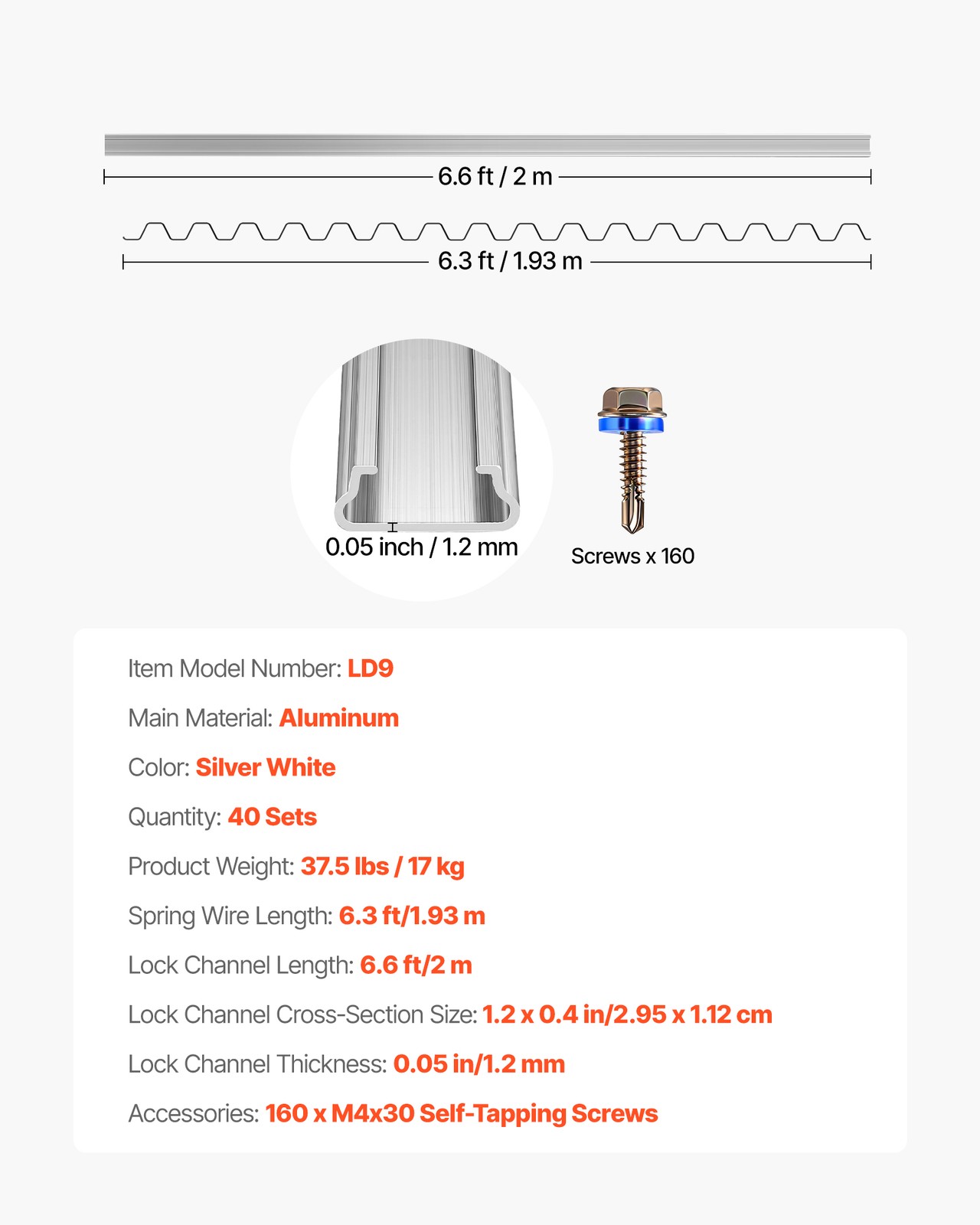 VEVOR Greenhouse Spring Wire & Lock Channel Aluminum Alloy 40 Packs 6.56 ft