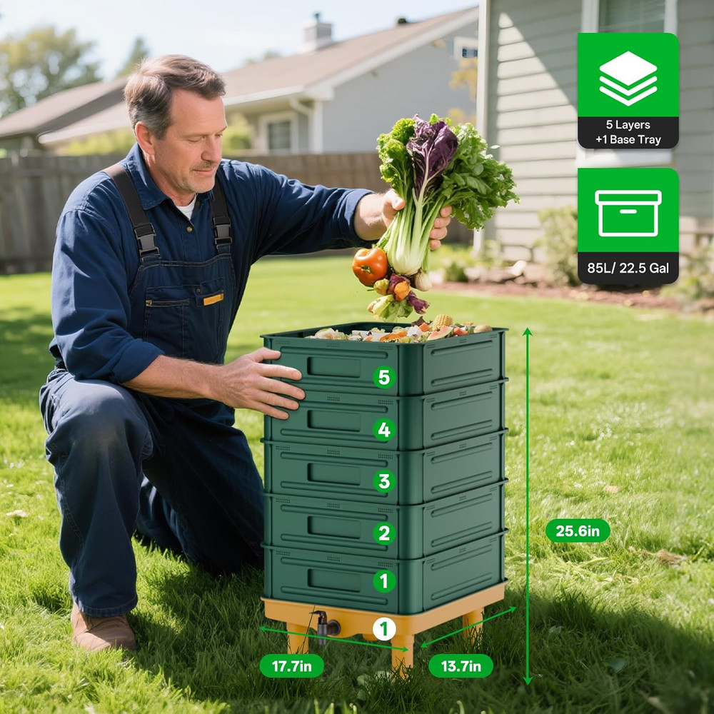 5-Layer Worm Compost Bin, 85L Worm Composter for Indoor & Outdoor, Starter Kits