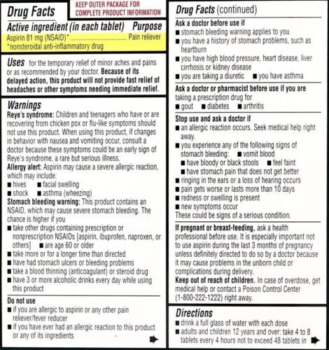 Member's Mark Low Dose Aspirin 81mg (2 - Pack) 365 Ct BOTTLES 730 Tablets -NSAID