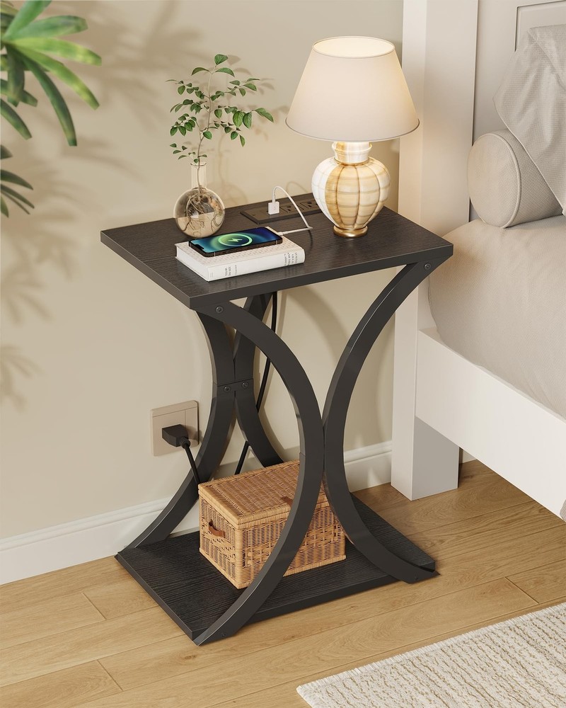 Small Round Side Table and End Table with Charging Station Bundle, Drink Tabl...