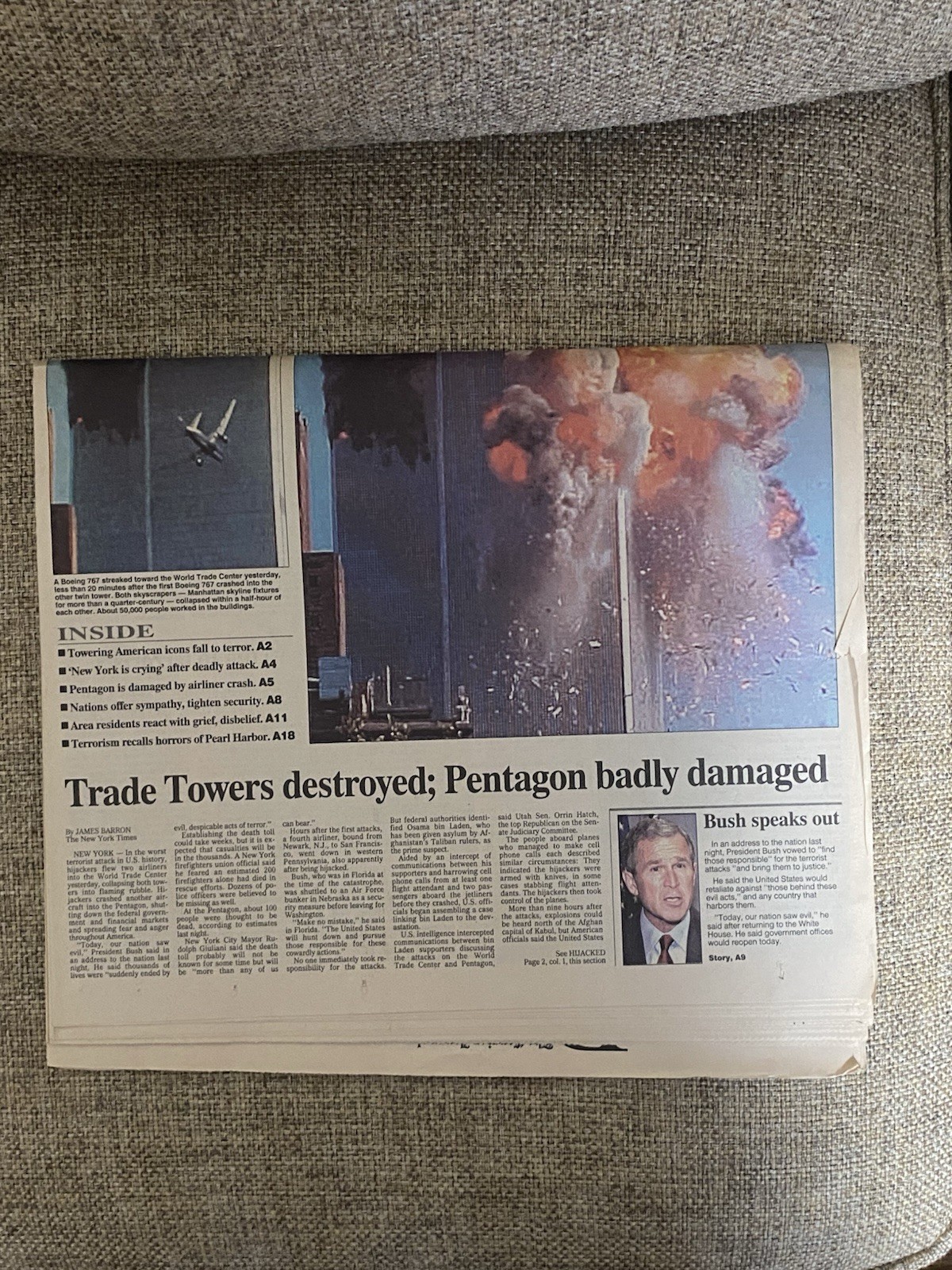 9/11 Newspaper, Terror Strikes U.S., The Courier Journal, September 12, 2001