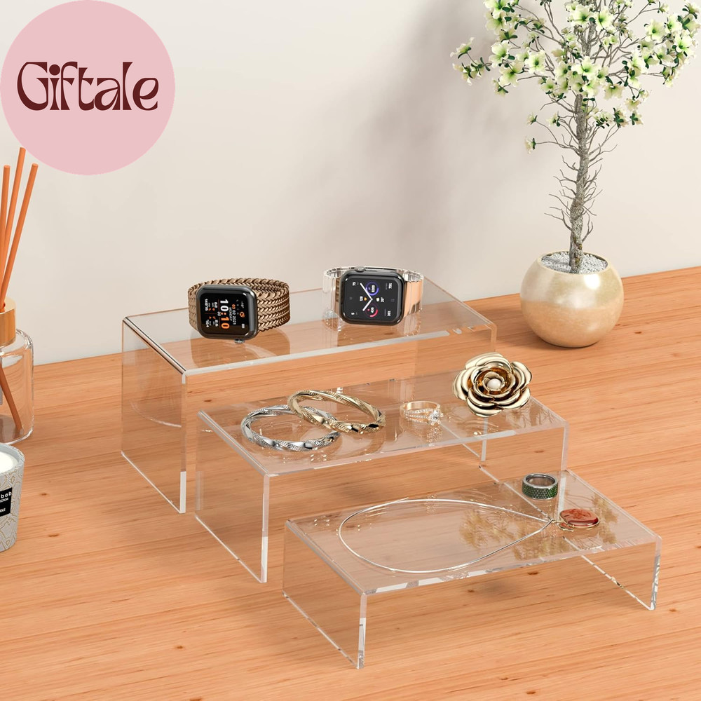 Clear Riser Shelf 3Pcs, Desktop Rectangular Acrylic Display Shelves Organizer, A
