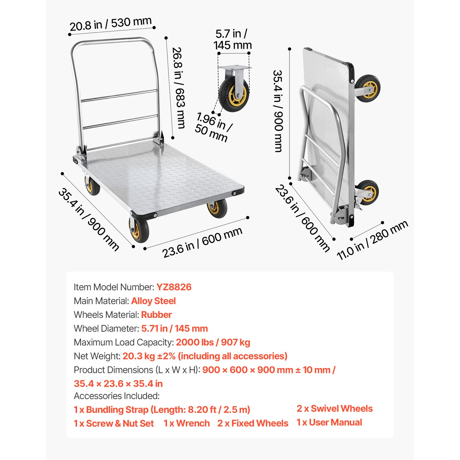 Uimoso Foldable Platform Cart 2000lbs Capacity Heavy Duty Hand Truck with Wheels