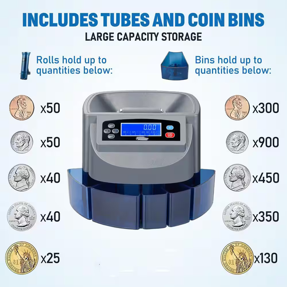 High Efficiency Coin Counter Sorter Wrapper Machine LCD Display 500 Coin Capacit
