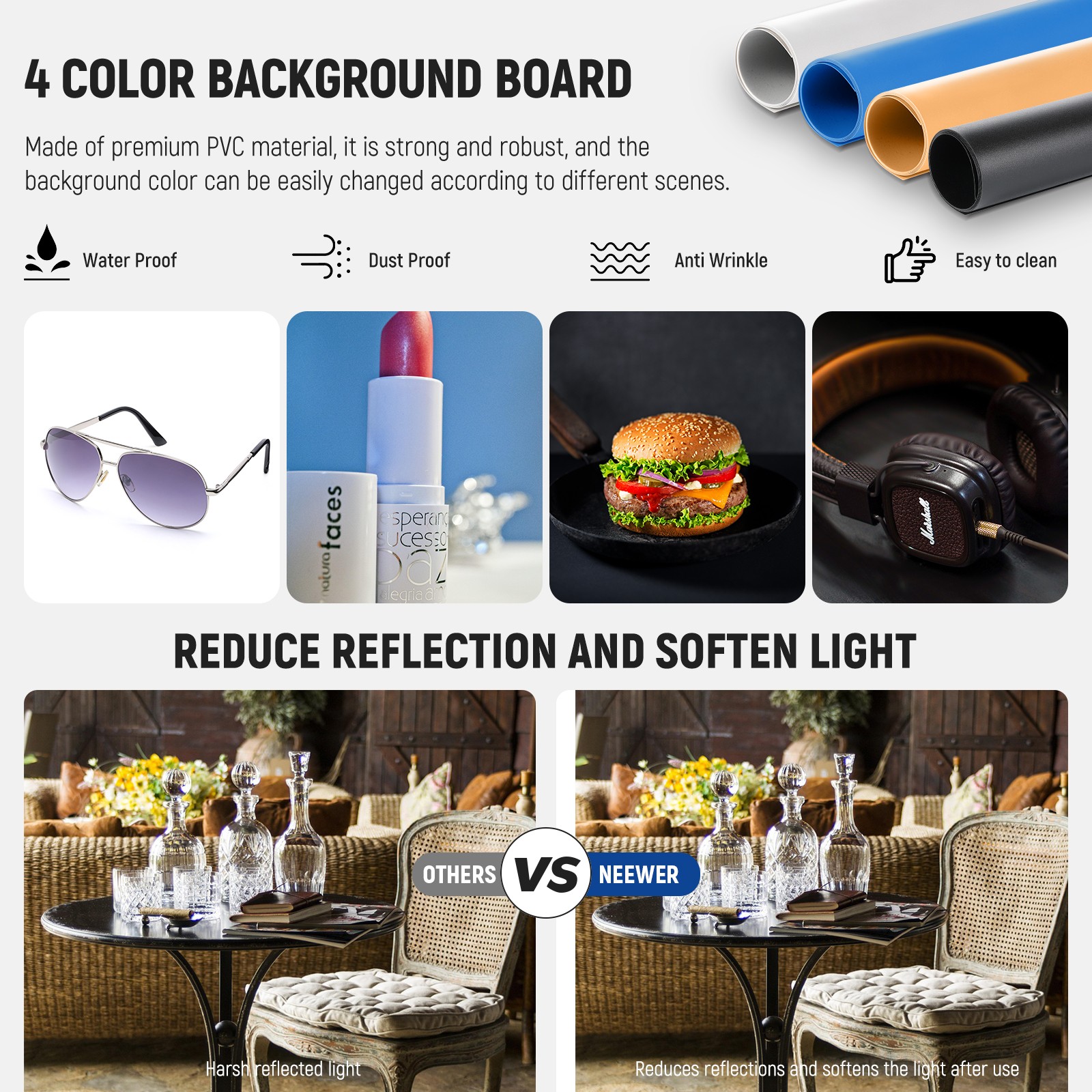 NEEWER LP60D 24" Photo Light Box w/4 Backdrops, 5600K 160 LEDs, Dimmable