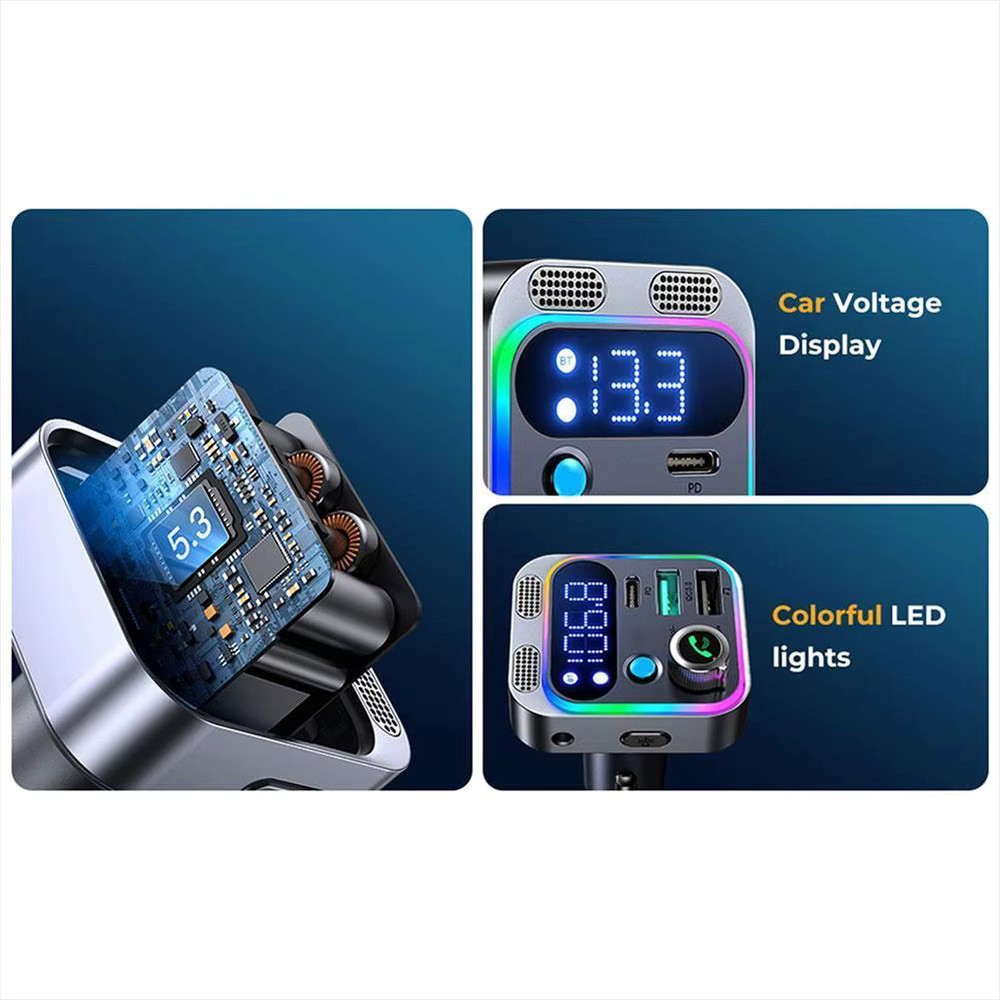 Bluetooth 5.3 FM Transmitter for Car Stronger Dual Mics Deep Bass Sound 48W PD&