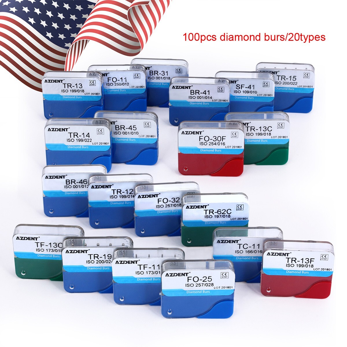 100Pcs AZDENT Dental Diamond Burs High Speed Handpiece Friction Grip 20 Types