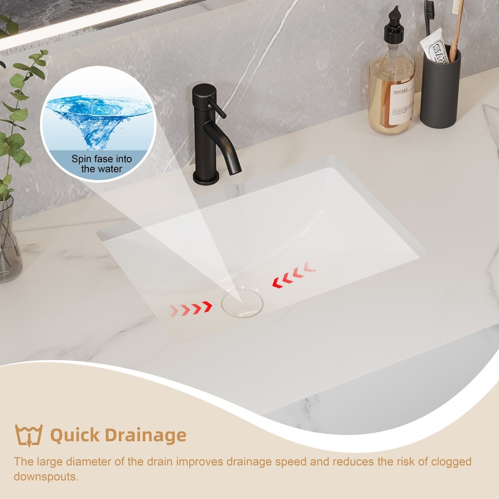 Rectangle Undermount Bathroom Sink, 20'' x 14'' White Ceramic Under Mount Sink