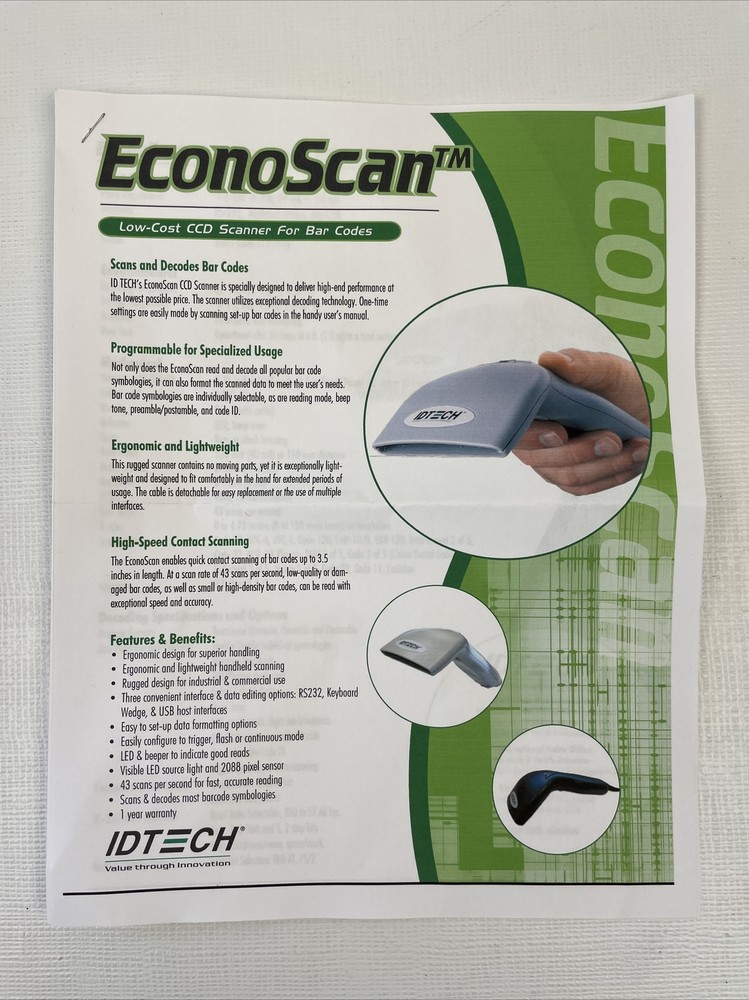 ID Tech IDT4439U CCD Scanner For Bar Codes USB UNTESTED