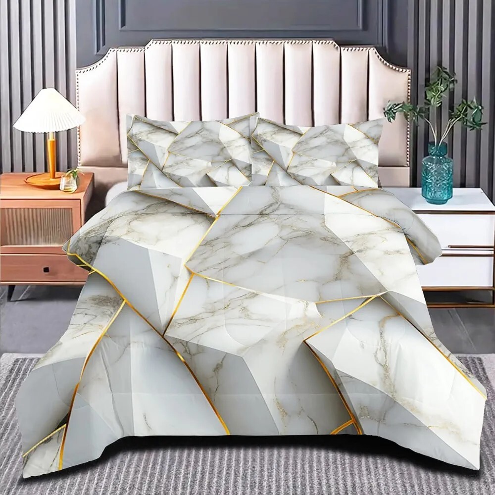 Queen Comforter 3 Piece Set White Gold Marble