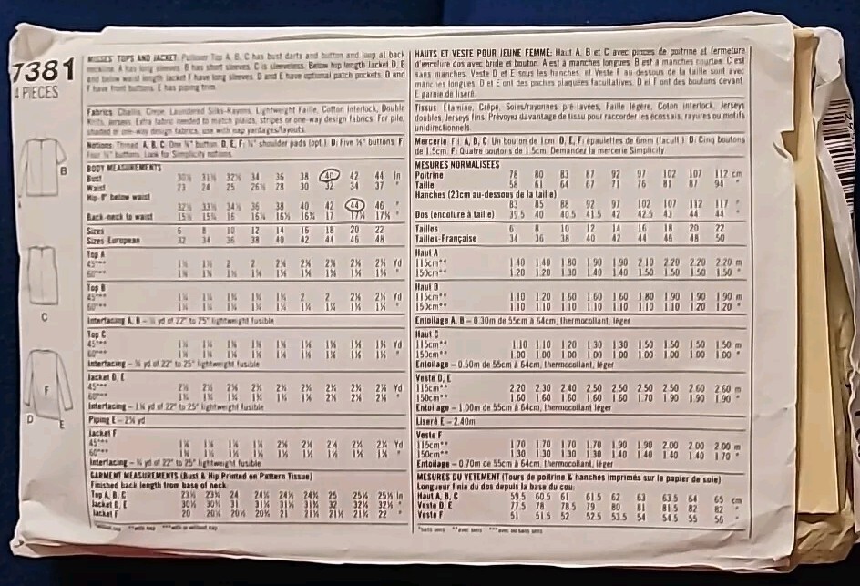 Sewing Pattern Simplicity 7381 Pullover Top and Jacket Size 18 to 22