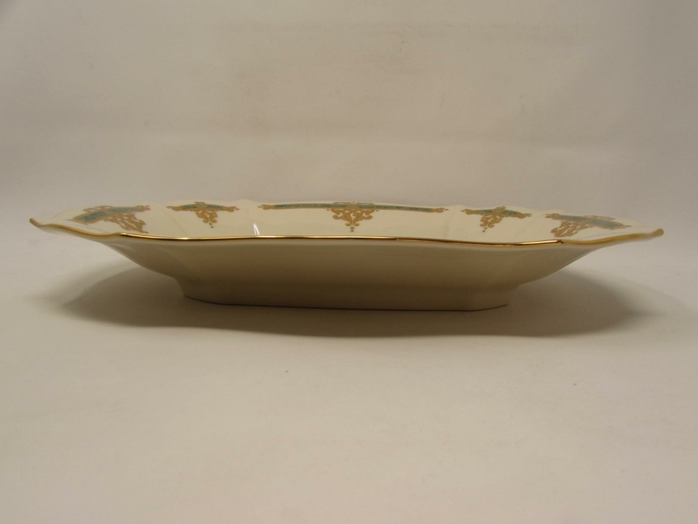 Catalan Collection by Lenox Rectangular Tray Green Bands Tan Gold Scrolls b387