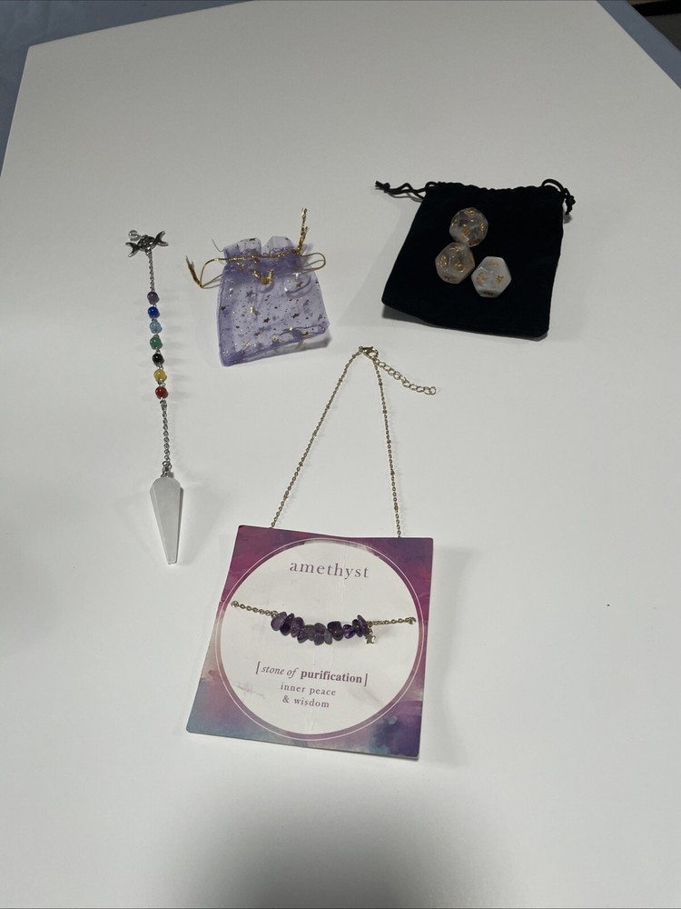 Wiccan Divination Pendulum Amethyst Necklace 16”  2” Extension 3 Pendulum Dice