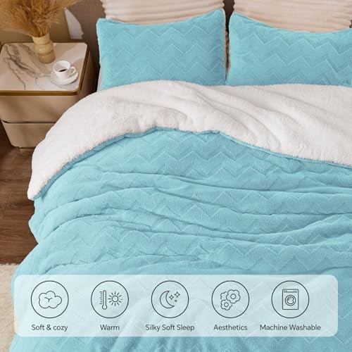 Fluffy Comforter Set - Super Soft Sherpa Comforter for Size Queen Light Blue