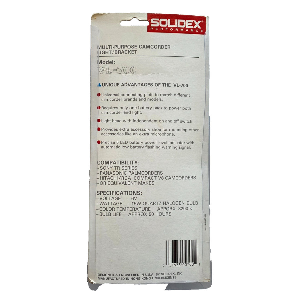 Solidex Multi-Purpose Camcorder Light/Bracket Model VL-700 Compatible Sony, RCA