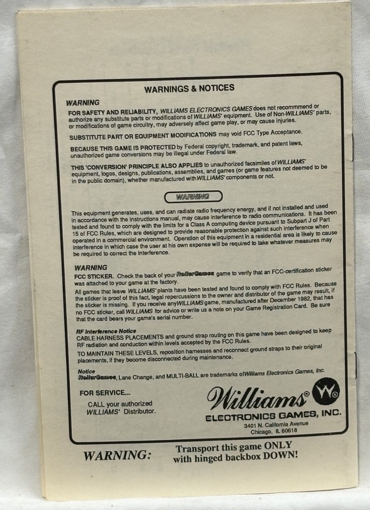 ORIGINAL-WILLIAMS-ROLLERGAMES-OPERATIONS MANUAL-OPERATORS HANDBOOK