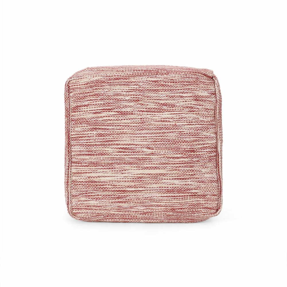 Boho Handmade Fabric Cube Pouf, Red and White