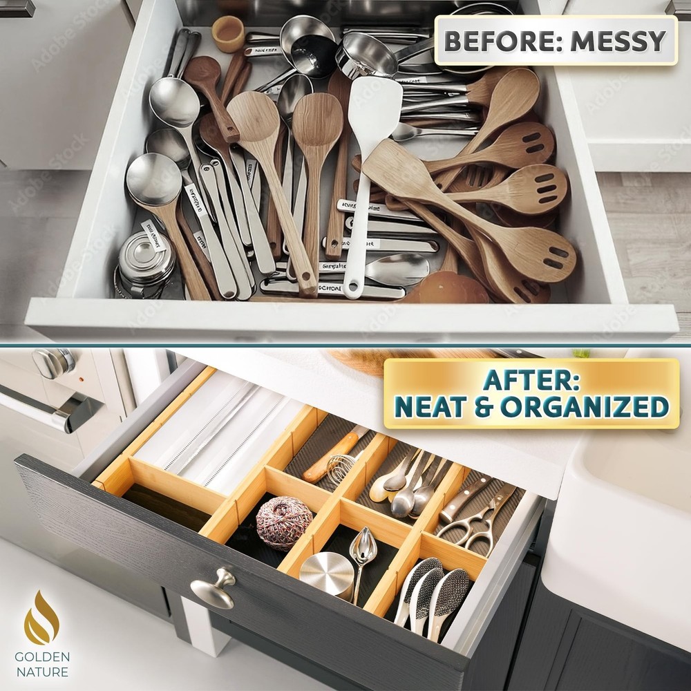 Bamboo Drawer Organizer - with Inserts & Labels, 17-22" - Adjustable Spring L...