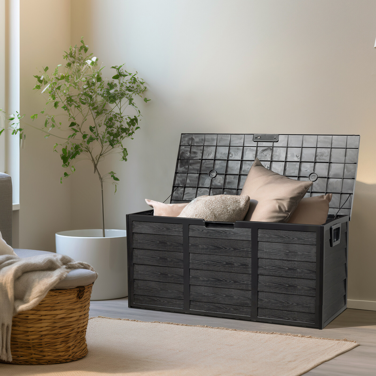 75 Gallon Outdoor Patio Storage Deck Box Garden Bench Weatherproof Resin Black