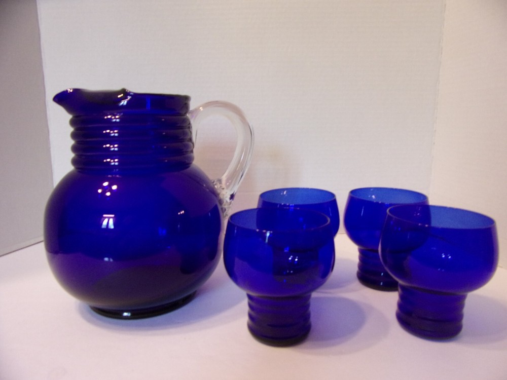 ROLY POLY PITCHER & FOUR GLASSES COBALT