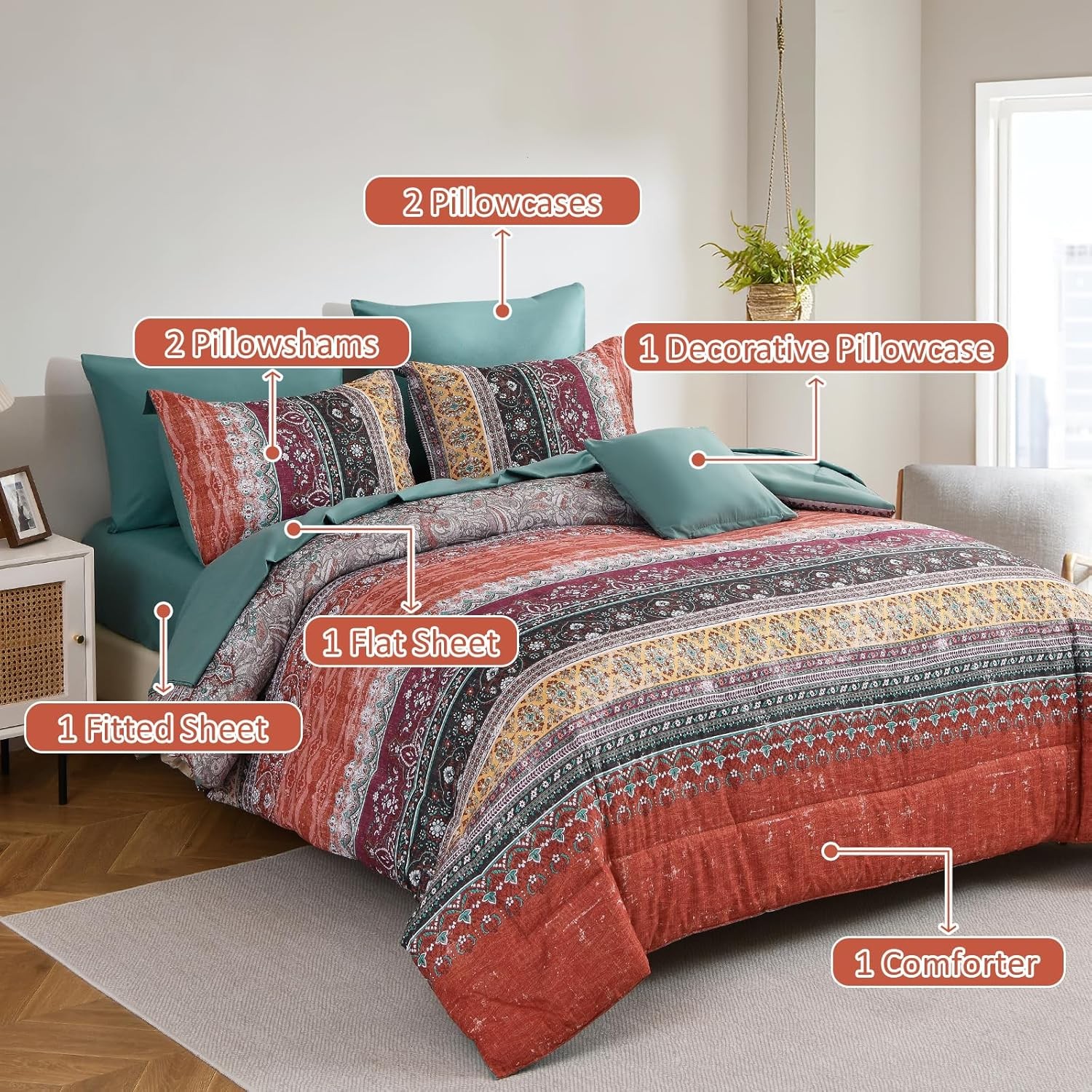 Boho Comforter Set Paisley Floral Striped Microfiber All Seasons 8-Pcs in a Bag