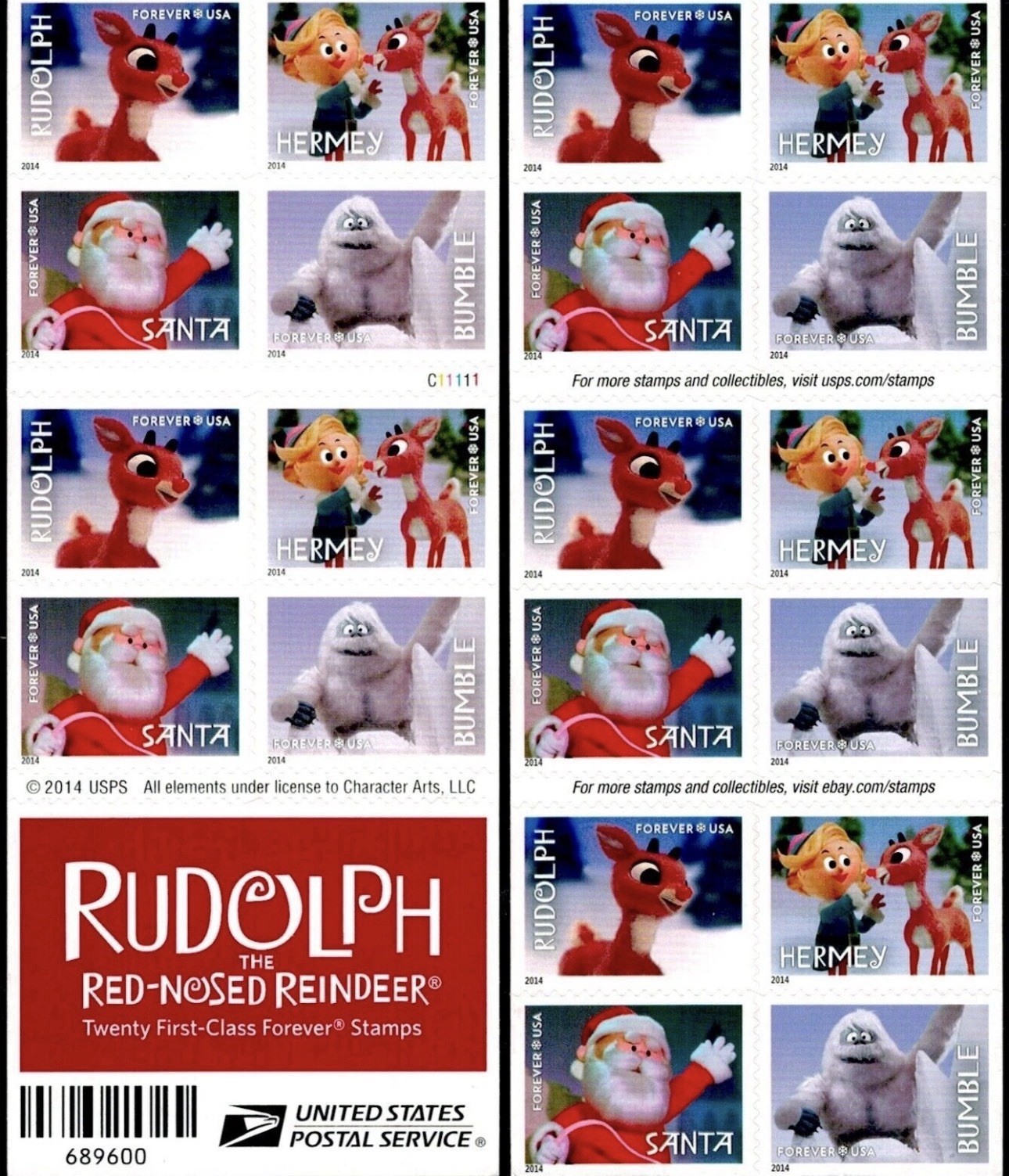 2014 USPS SHEET OF 20 FIRST CLASS LETTER STAMPS RUDOLPH THE RED-NOSED REIN 78¢