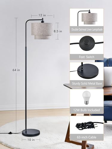 64" Modern Floor Lamp for Living Room Bedroom, Floor Lamp with 3 Color Black