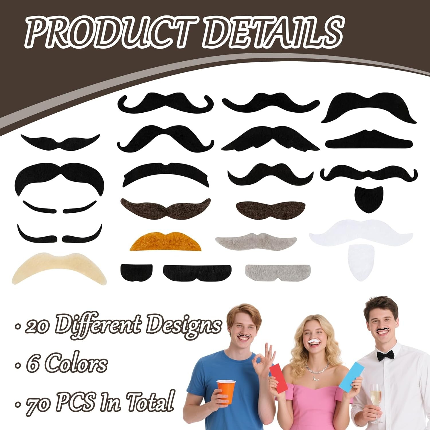 70 Pcs Fake Mustaches, Self Adhesive Fake Novelty Hairy Beard Costume, Christmas
