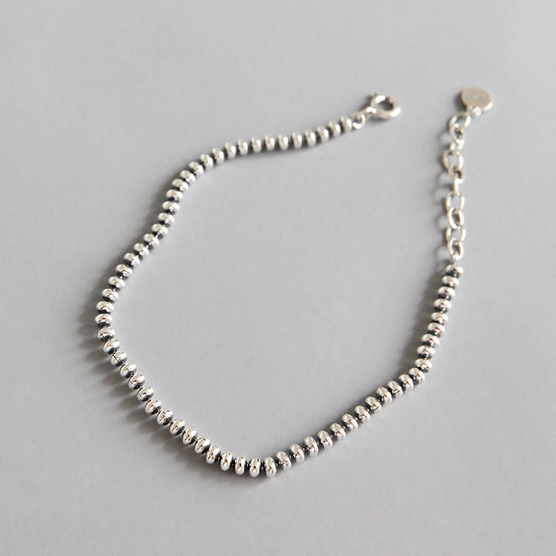 3mm Womens Genuine S925 Sterling Silver Flat Bead Chain Bracelet Retro 7.28''