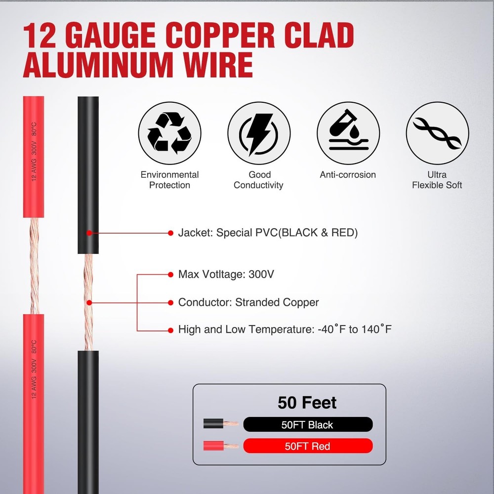 Versatile 50FT 12 Gauge CCA Cable - Red & Black for Easy Project Customization