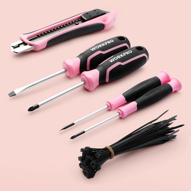 WORKPRO 75PCS Pink Tools Set Rotatable Cordless Screwdriver&Household Tool Kit