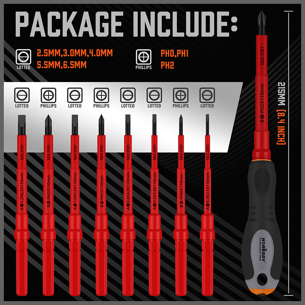 HORUSDY 1000v Insulated Screwdriver Set 10PC All-in One Magnetic Tip Elactrician