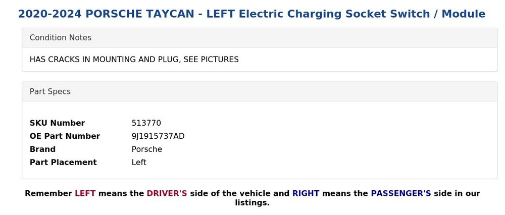 2020-2024 PORSCHE TAYCAN - LEFT Electric Charging Socket Switch / Module