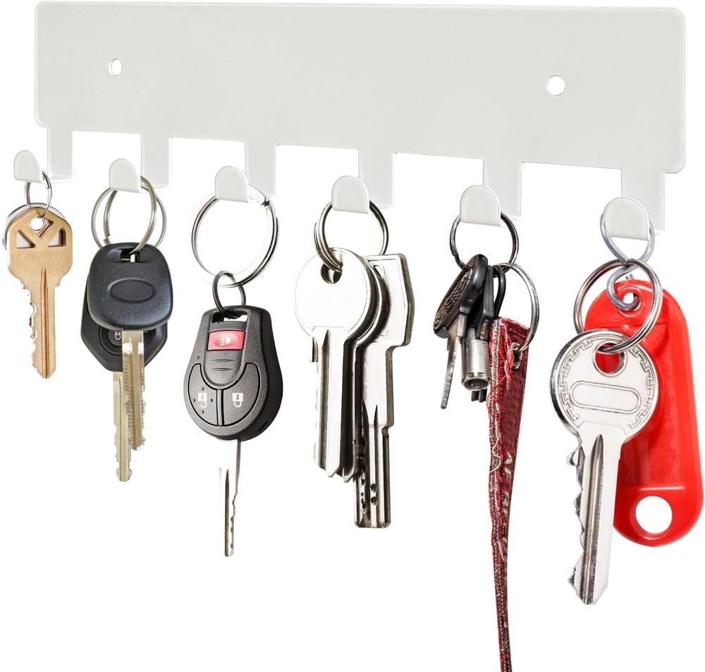 Wall Key Holder with 6 Hooks White Wall Mounted Key Rack Rust Resistant Pract...