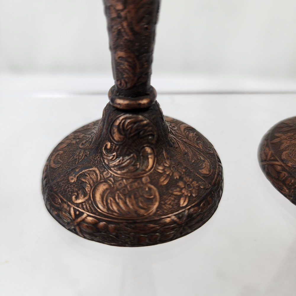 Pair 2 Fluted Copper Plated Metal 4" Bud Vases Dutch & Floral Embossed Theme