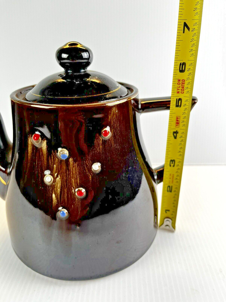 Redware Tea Pot Brown Drip Raised Dots Vintage