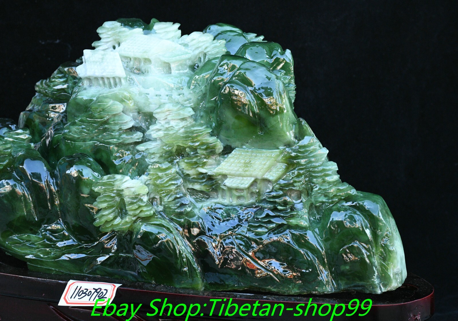 17.3'' Natural Xiu Green Jade Carving Mountain Tree House Shanzi Sculpture